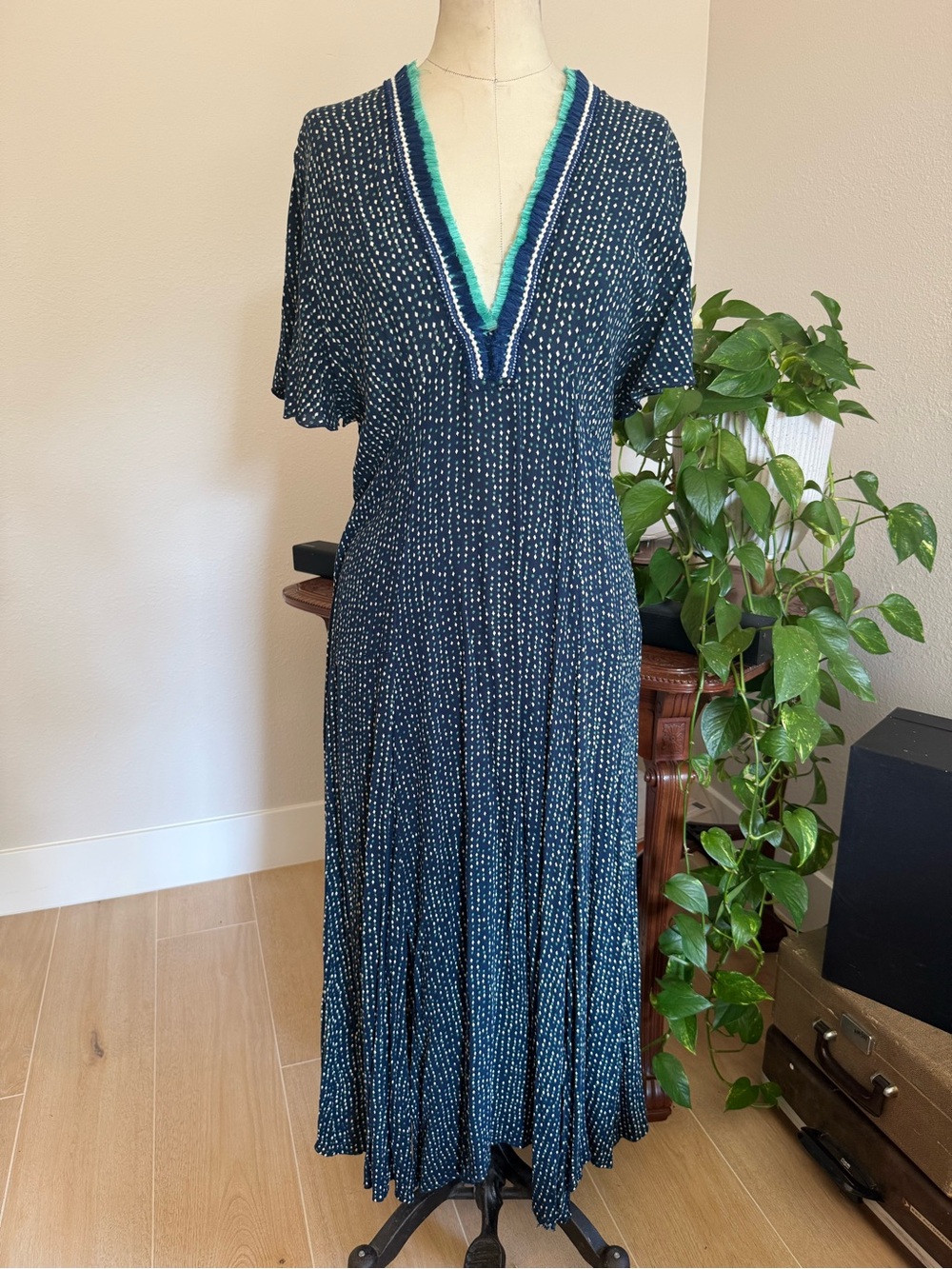 Poupette St Barth Navy Maxi Dress with Teal & Aqua Trim